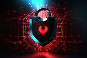 Cyber security concept. Shield padlock with keyhole on circuit board background, neon lights background photo