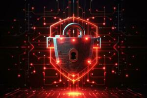 Cyber security concept. Shield padlock with keyhole on circuit board background, neon lights background photo