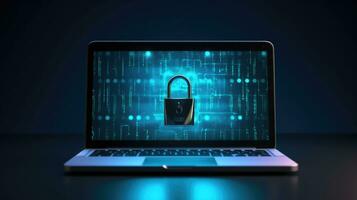Cyber security concept. Closed padlock on laptop screen photo