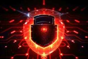 Cyber security concept. Shield padlock with keyhole on circuit board background, neon lights background photo