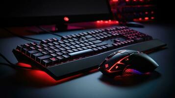 Computer keyboard with neon led lights on a dark background photo