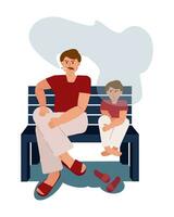 The father smokes in the presence of the son on a walk. A man with a cigarette sits on a bench next to a child in a cloud of smoke. harm of smoking, bad habit, harm to health. Vector illustration