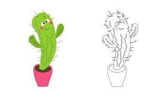 Coloring book cartoon cute cactus in a pot. Funny emotion character. Vector illustration. An outline black and white drawing and a color version for an example