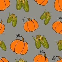 seamless pattern colored doodle vegetables pumpkins and corn on gray - autumn background, vector illustration. For packaging, textiles, wallpapers, web design
