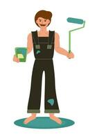 A full-length man in overalls is holding a roller and a can of paint. Repair, wall painting, painter. Vector illustration