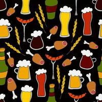 vector doodle illustration - seamless pattern different types of beer in mugs, glasses and bottles with snacks on black background. Oktoberfest Beer Festival. for for packaging, web design, wallpaper