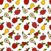 seamless pattern colored doodle fruits apples, pears, pomegranates and cranberries on white - autumn background, vector illustration. For packaging, textiles, wallpapers, web design