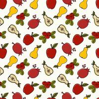 seamless pattern colored doodle fruits apples, pears, pomegranates and cranberries on white - autumn background, vector illustration. For packaging, textiles, wallpapers, web design