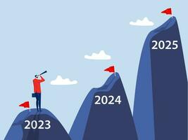 Business goals Businessman looking binoculars on top of the mountain for looking to another next 2024 and 2025  years Concept vector