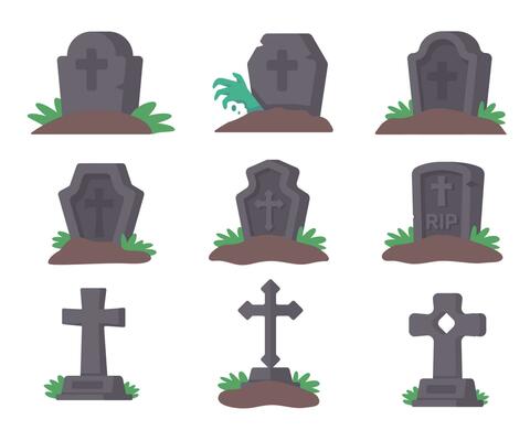 Ghost graves. Stones carved names of dead people on rocks with crosses in spooky cemetery.