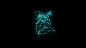 Neon flower lights up animated abstract motion on black background video