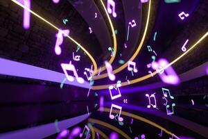 Music notes with dark background, floating notes, 3d rendering. photo