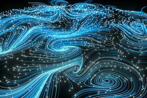 Vortical line pattern, glowing particles trails, 3d rendering. photo