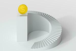 redondo escalera, con dorado moneda en el parte superior plataforma, 3d representación. foto