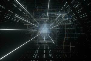 Dark triangle tunnel with glowing hud lines, 3d rendering photo