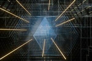 Dark triangle tunnel with glowing hud lines, 3d rendering photo
