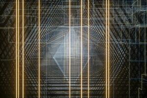 Dark triangle tunnel with glowing hud lines, 3d rendering photo