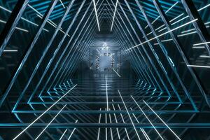 Dark triangle tunnel with glowing hud lines, 3d rendering photo