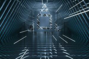 Dark triangle tunnel with glowing hud lines, 3d rendering photo