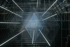 Dark triangle tunnel with glowing hud lines, 3d rendering photo