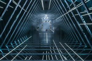 Dark triangle tunnel with glowing hud lines, 3d rendering photo
