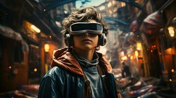 Portrait of a boy wearing a VR googles abstract landscape background photo