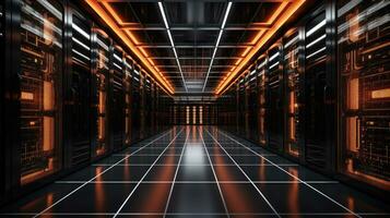 futuristic server room or data center corridor with neon lights in dark background photo