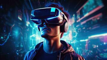 Portrait of young man wearing virtual reality headset against futuristic background photo