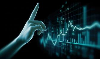 Close up of businessman hand touching with finger virtual panel with forex chart photo