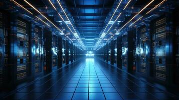 futuristic server room or data center corridor with neon lights in dark background photo