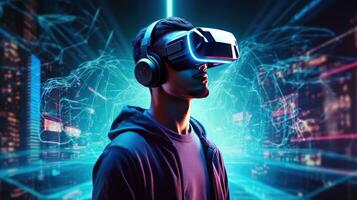 Portrait of young man wearing virtual reality headset against futuristic background photo