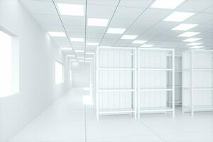 White shelves with white background, bright and spacious, 3d rendering. photo