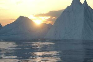 Oceano y Brillo Solar viniendo desde el lado de iceberg, 3d representación. foto