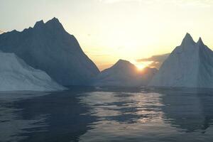 Oceano y Brillo Solar viniendo desde el lado de iceberg, 3d representación. foto