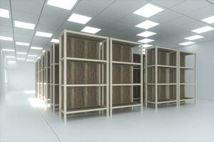Rows of bookshelves in the bright room, 3d rendering. photo