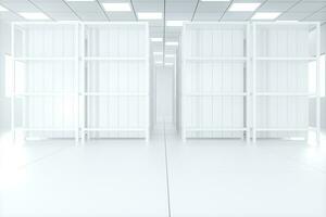 White shelves with white background, bright and spacious, 3d rendering. photo