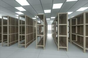 Rows of bookshelves in the bright room, 3d rendering. photo