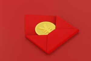 Red package with golden coin inside, red background, festive theme, 3d rendering photo