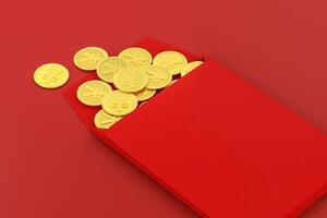 rojo paquete con dorado moneda adentro, rojo fondo, festivo tema, 3d representación foto