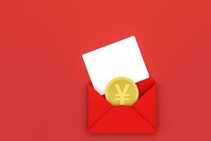 Red package with golden coin inside, red background, festive theme, 3d rendering photo