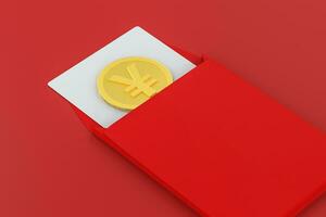 Red package with golden coin inside, red background, festive theme, 3d rendering photo