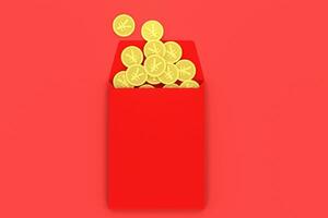 Red package with golden coin inside, red background, festive theme, 3d rendering photo