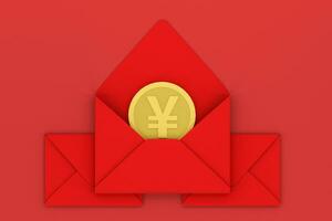 Red package with golden coin inside, red background, festive theme, 3d rendering photo