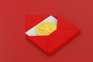 Red package with golden coin inside, red background, festive theme, 3d rendering photo