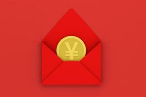 Red package with golden coin inside, red background, festive theme, 3d rendering photo