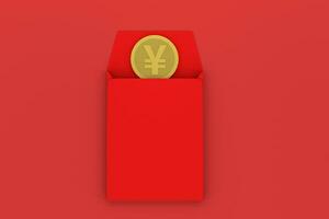 Red package with golden coin inside, red background, festive theme, 3d rendering photo