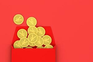 Red package with golden coin inside, red background, festive theme, 3d rendering photo