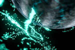 Glowing particles surrounding around the planet, 3d rendering. photo