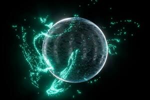 Glowing particles surrounding around the planet, 3d rendering. photo