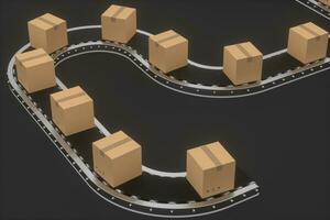 cajas Moviente en el transportador cinturón, 3d representación. foto